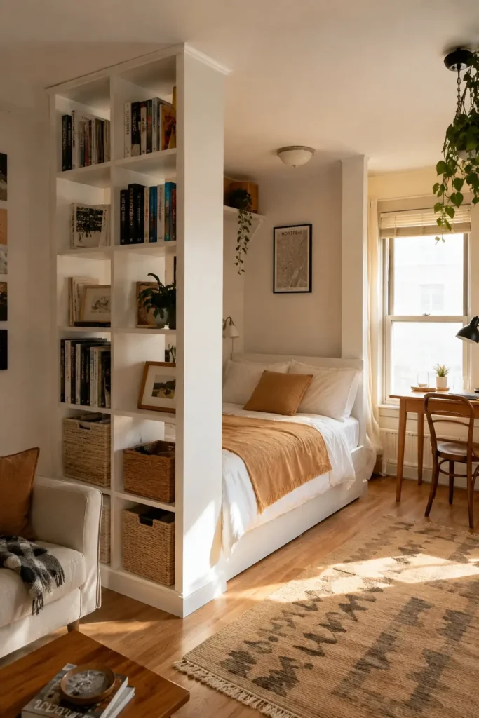 Studio apartment with a tall open bookshelf separating the bed from the living area while adding storage.