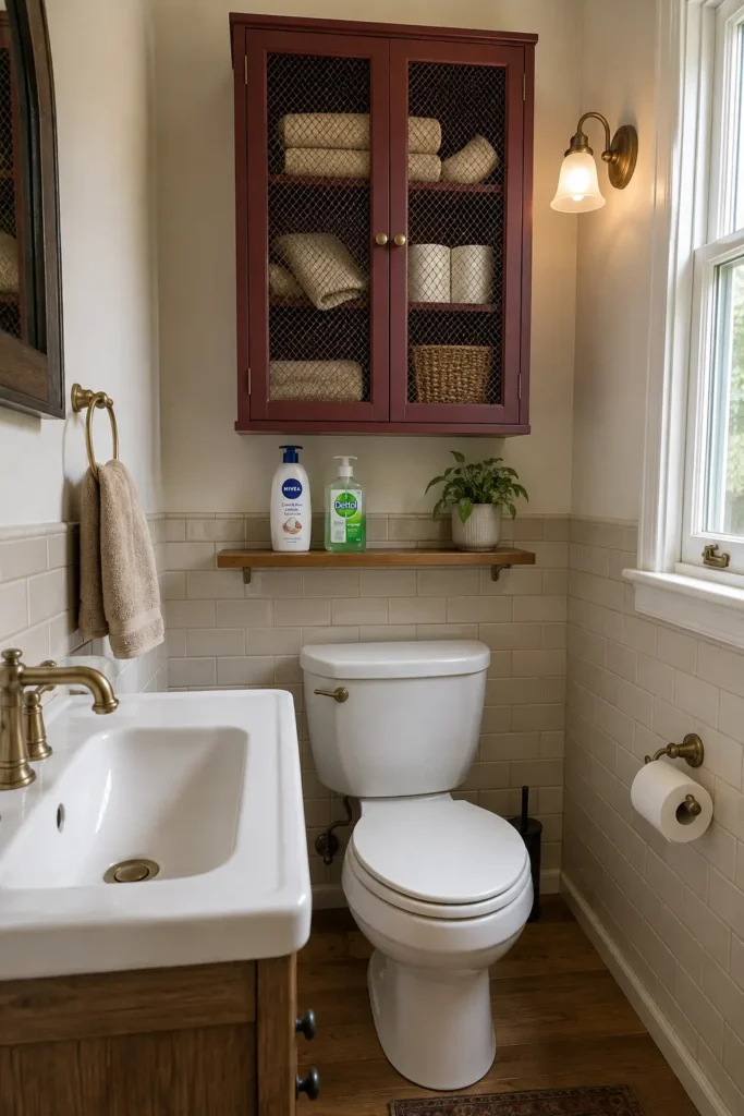 White tension pole shelving unit over a toilet holding towels, baskets, toilet paper and toiletries