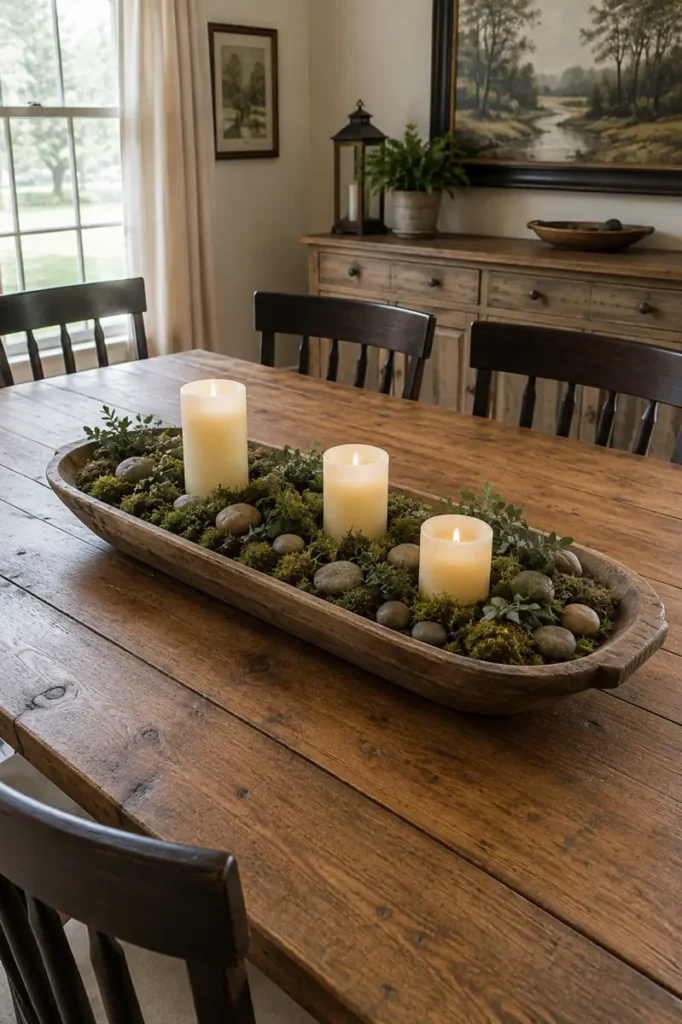 Long wooden dough bowl filled with moss, smooth stones, greenery, and three cream pillar candles.