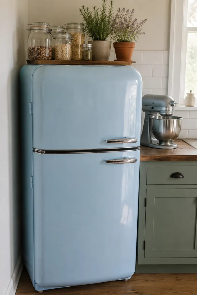 Light blue refrigerator topped with a wooden tray of pantry jars and potted kitchen herbs.