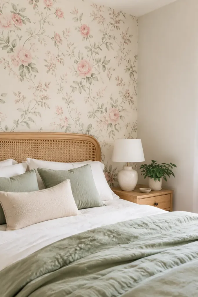 Pale rose botanical wallpaper behind a rattan bed with sage and white bedding.