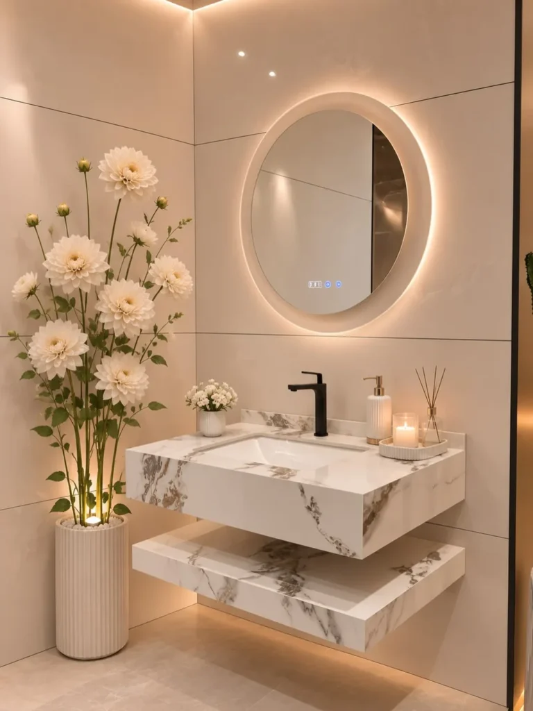 Spa inspired bathroom counter with a round lighted mirror, pale flowers, candle, reed diffuser, and minimal neutral decor.