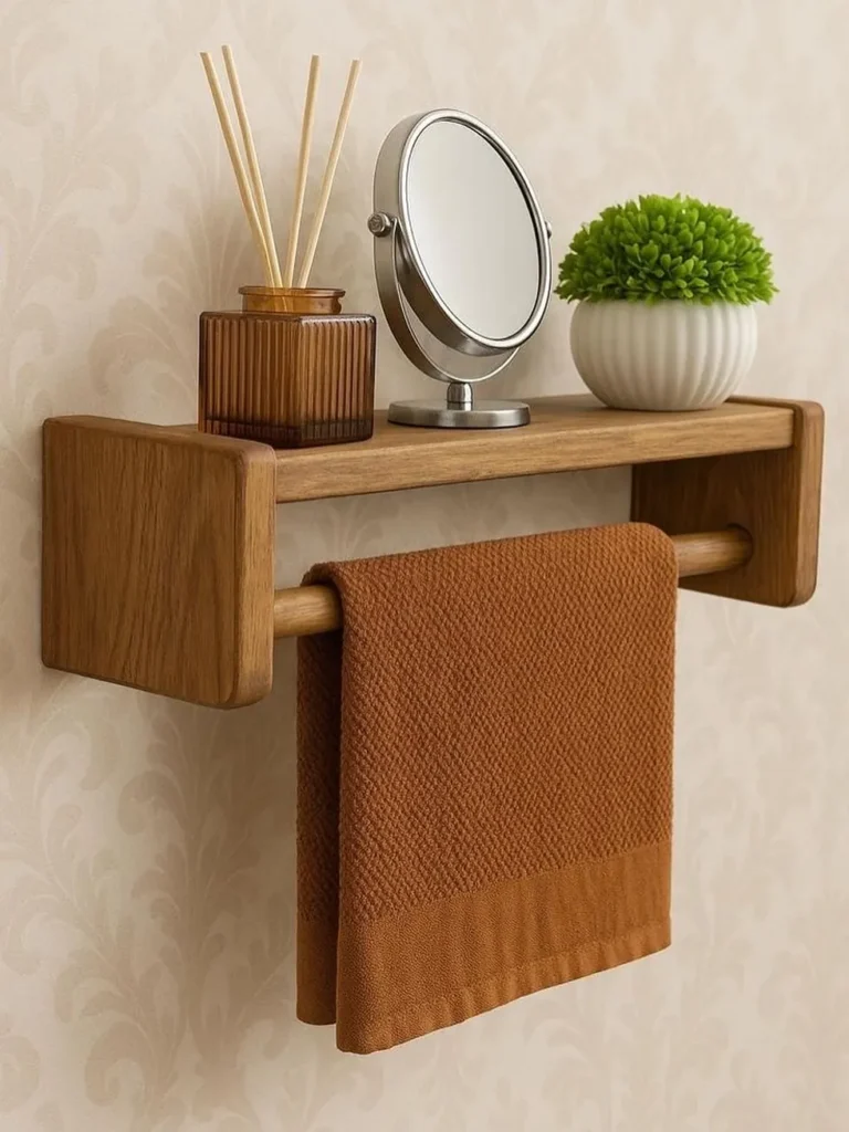 Compact wood bathroom shelf with towel rail, tabletop mirror, reed diffuser, small plant, and rust-colored towel.