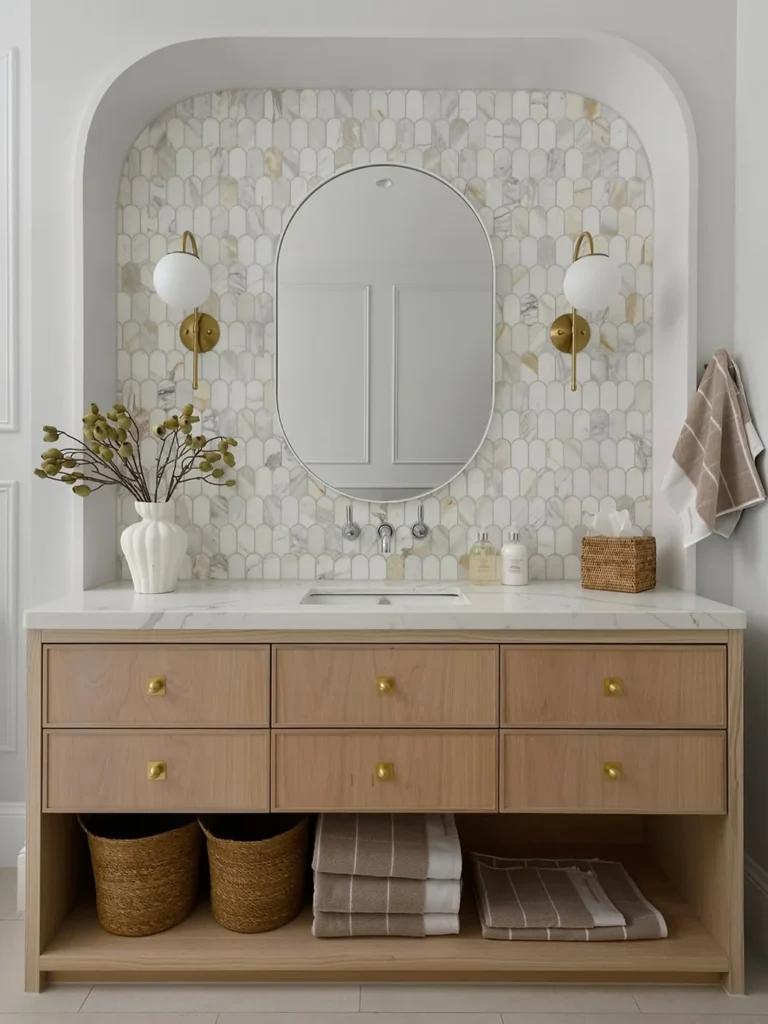 Long bathroom vanity styled with a leafy white vase at one end, woven tissue box at the other, and brass fixtures.