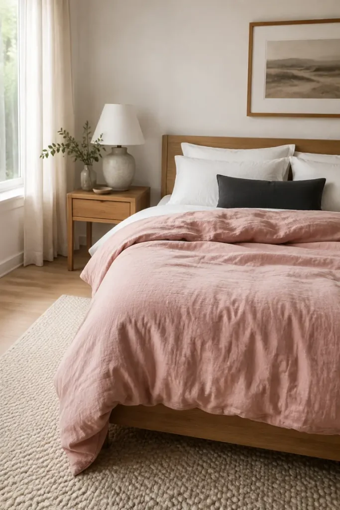 Blush pink bedding in a warm neutral bedroom with light wood furniture.