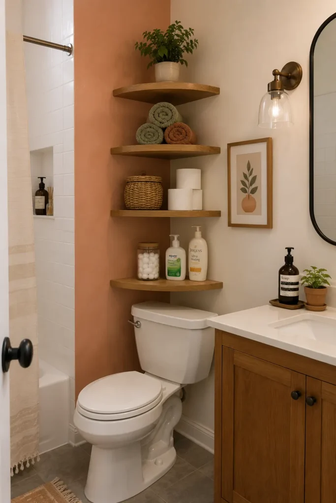 Wood corner shelves above a toilet displaying rolled towels, toilet paper, toiletries and woven bathroom storage