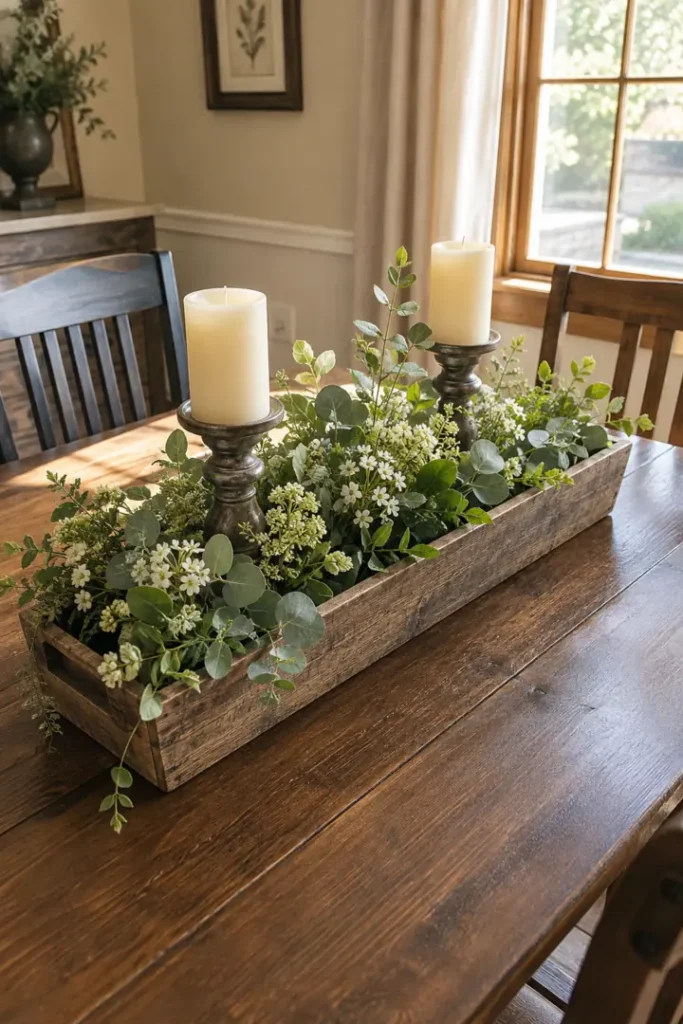 Rustic wooden box filled with green leaves, small white flowers, and two raised pillar candles.