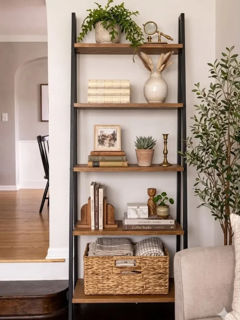 Tall ladder-style bathroom shelf with warm wood shelves, books, plants, framed decor, brass accents, and woven basket storage.