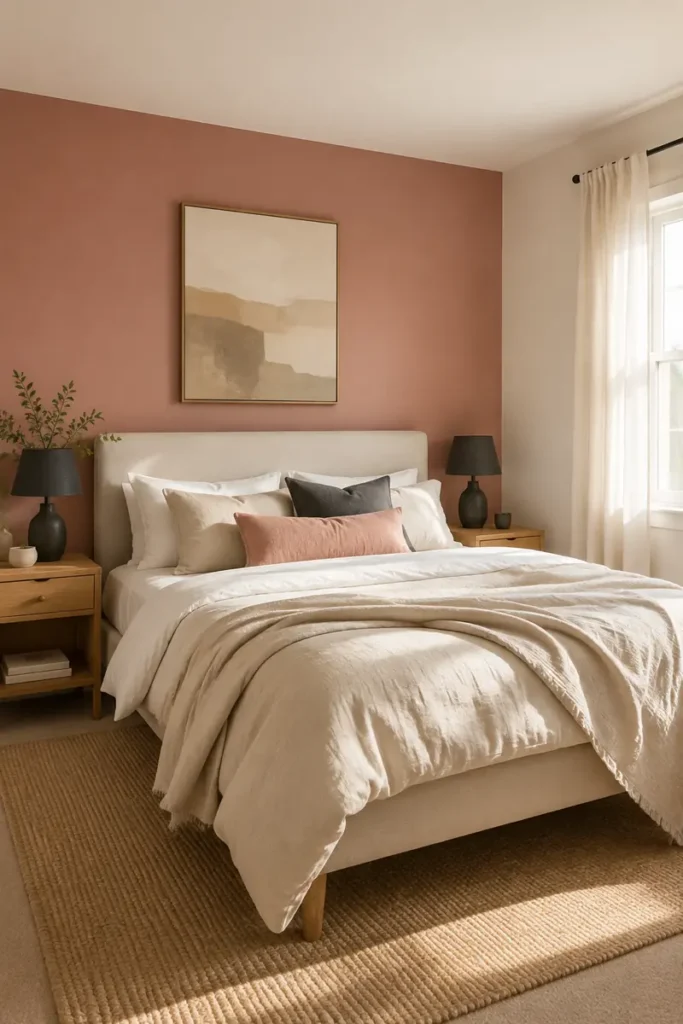 Muted rose accent wall behind a neutral upholstered bed layered with cream and blush bedding.