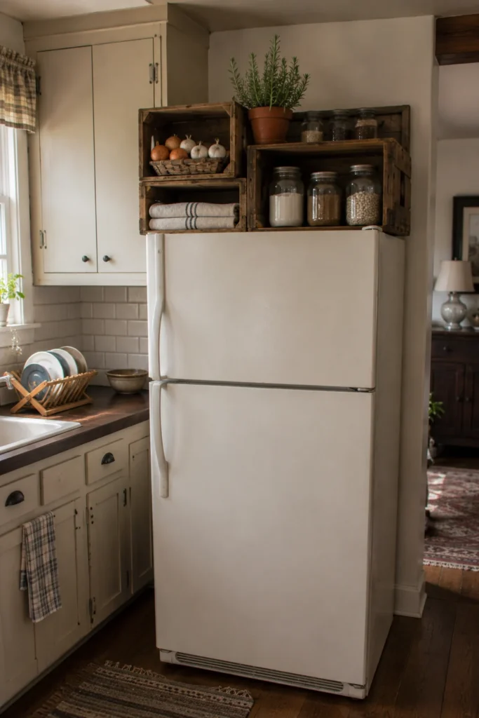 Refrigerator topped with rustic wooden crates holding pantry jars, folded towels, onions, and a small herb plant.