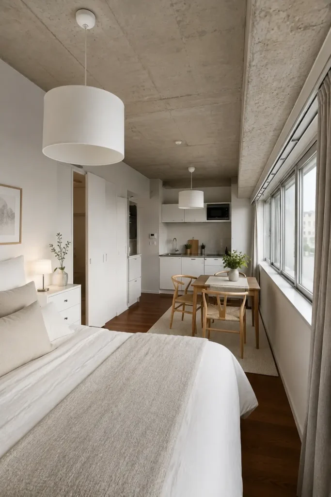 Narrow studio apartment with a small dining table beside large windows and a compact kitchen at the back.