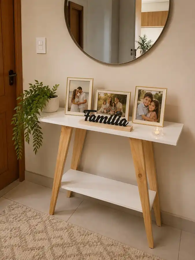 Slim entryway console with framed family photos, a round mirror, a black Familia sign, and a trailing green plant.