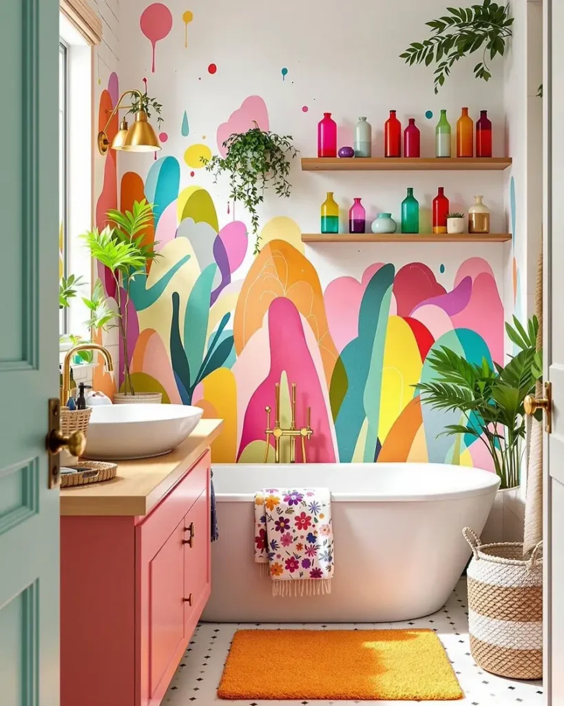 White freestanding tub set against a colorful abstract mural with a coral vanity, wooden shelves, and green plants.