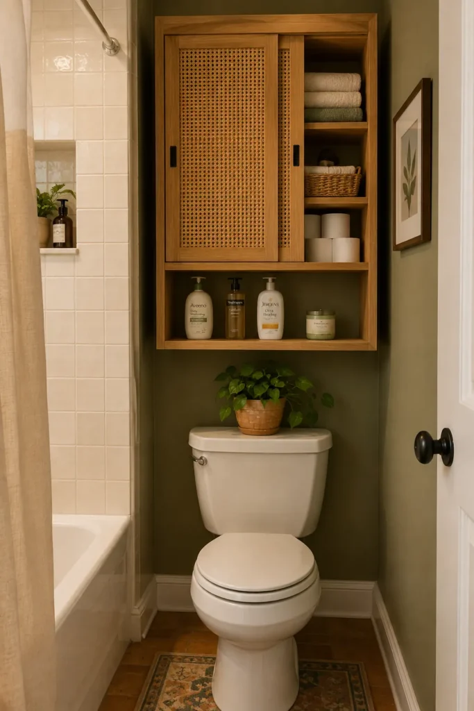 Natural wood cane-front cabinet over a toilet with open shelves for towels, toilet paper and toiletries