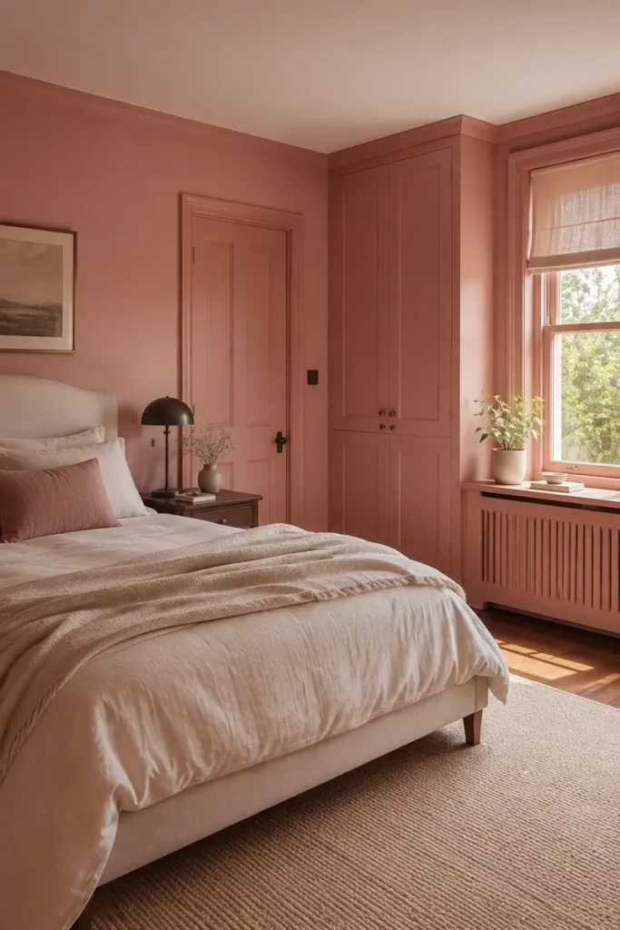Clay pink walls, ceiling, doors, and radiator create a cozy color-drenched bedroom with pale linens.