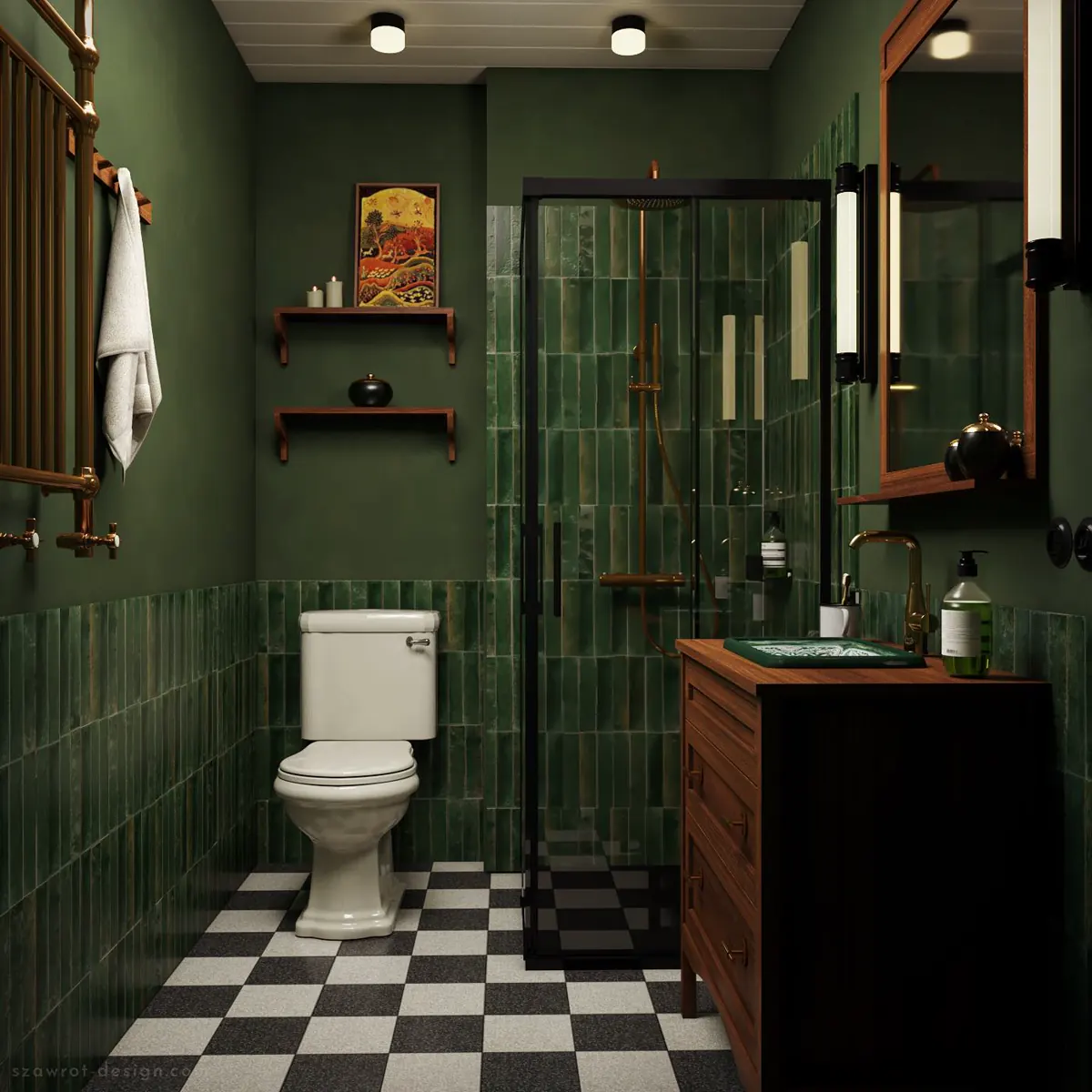 Elegant sage green bathroom with paneled cabinetry, freestanding tub, brass fixtures and white orchids