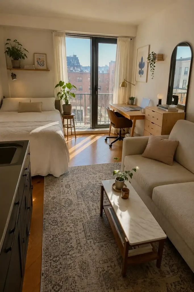 Small studio apartment with furniture placed along the walls to create a clear open walkway through the center.