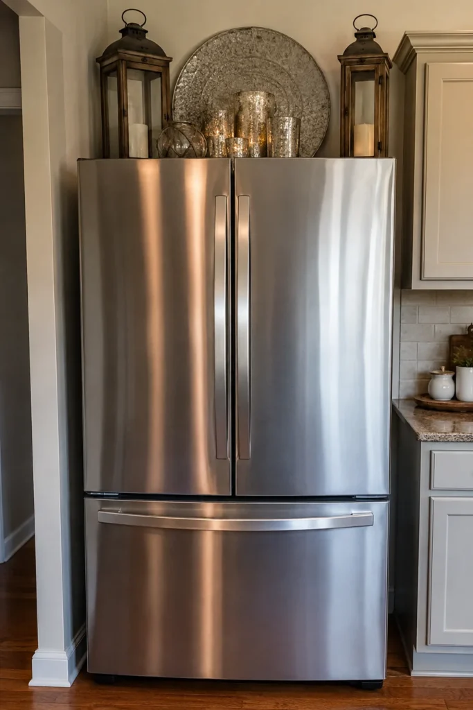 Stainless steel refrigerator decorated with two black lanterns, a large round metal tray, and metallic candle holders.