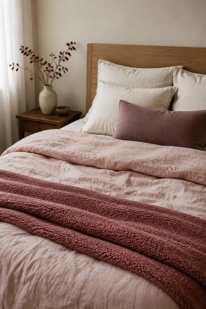 Bed layered with blush, dusty rose, and mauve pillows and blankets.