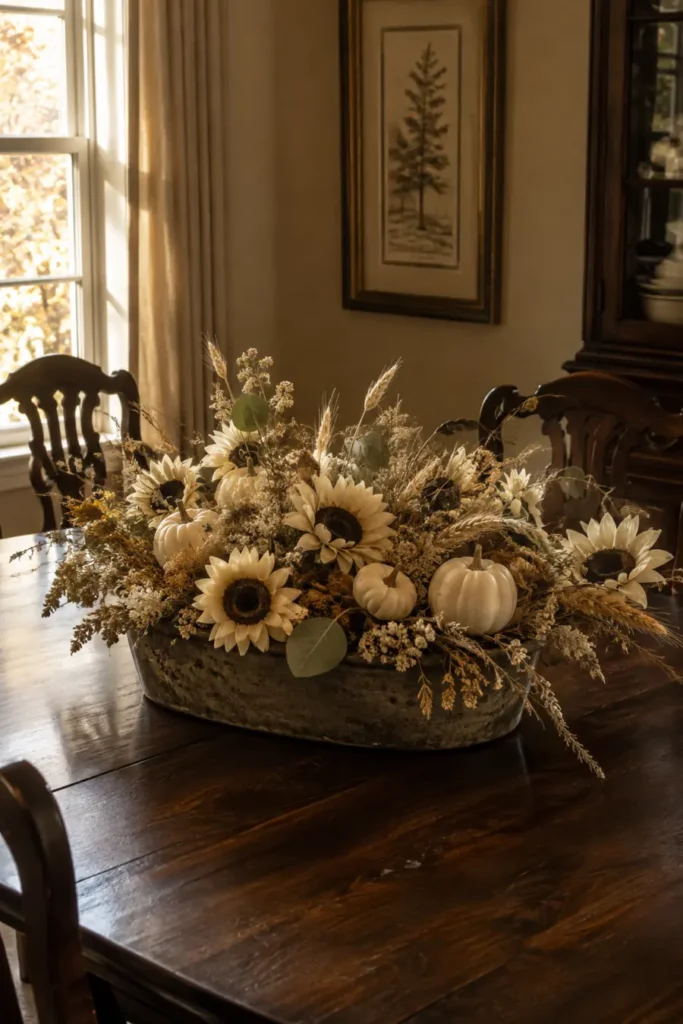 Weathered metal trough arranged with white pumpkins, cream sunflowers, wheat, and dried fall stems.