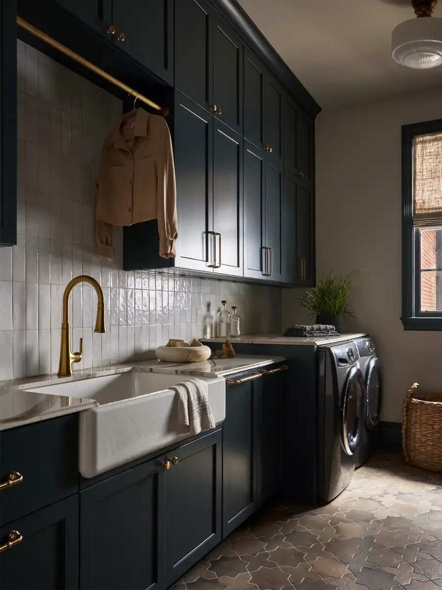 Dark mudroom laundry room with deep navy built-in cabinets, brass hanging rail, farmhouse sink, front-loading washer and dryer, and warm patterned floor.