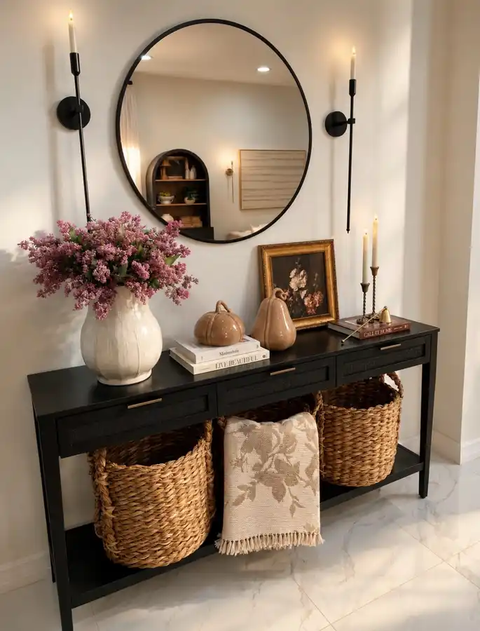 Black entryway console with a round black mirror, wall sconces, pink flowers, pale ceramics, vintage-style artwork, and woven baskets.