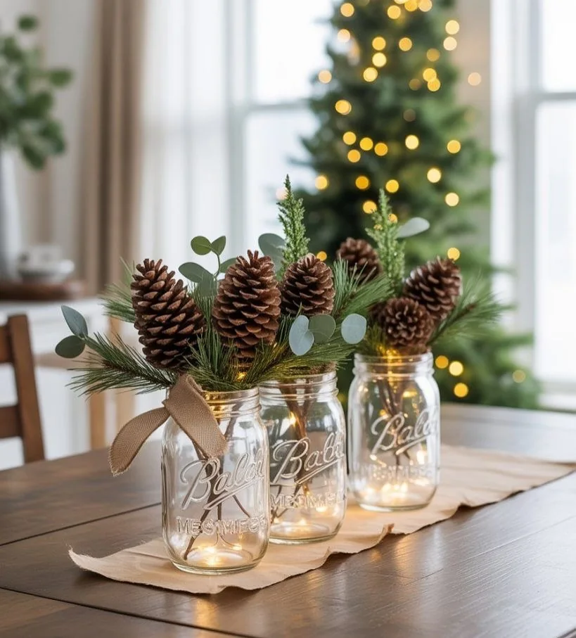 Three clear mason jars filled with pinecones, greenery, fairy lights, and a burlap accent