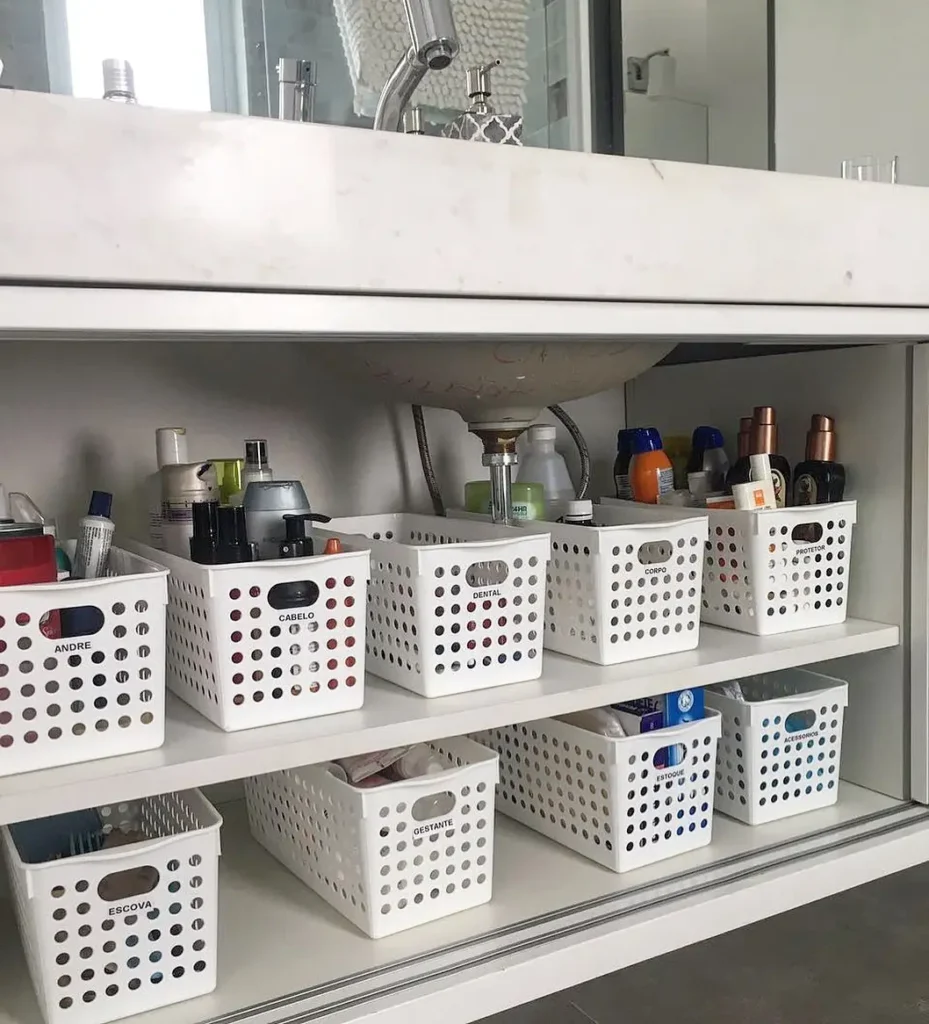 Organized under sink bathroom cabinet with labeled white bins and a shelf riser arranged around the plumbing.