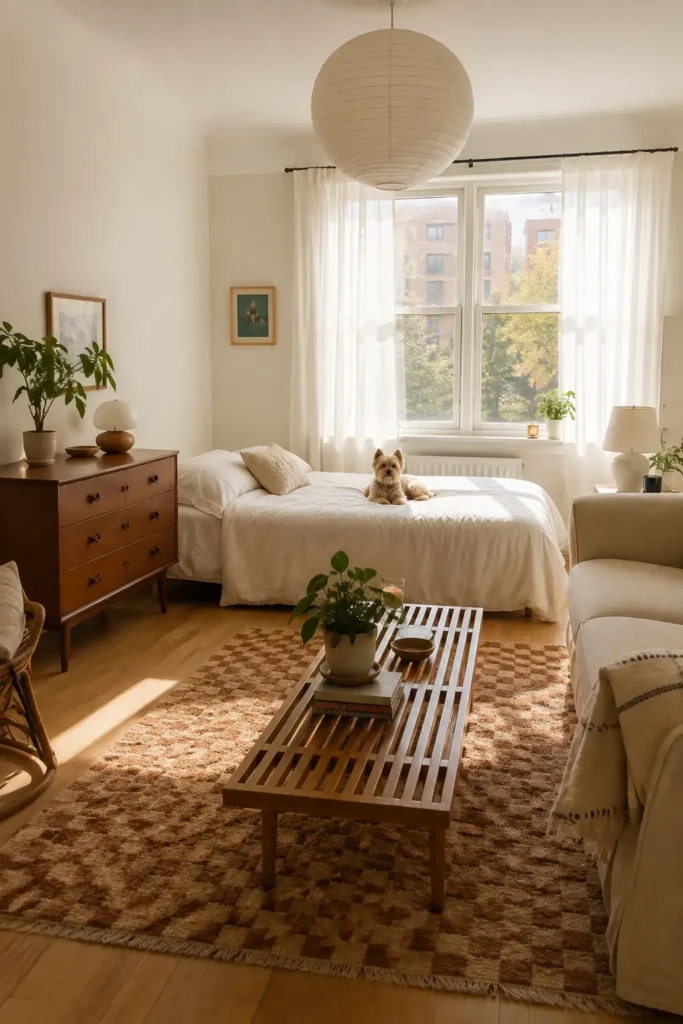 Warm studio apartment with a simple bed placed beneath a large bright window beside a cozy living area.