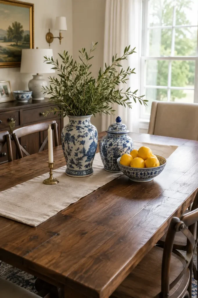 Blue and white china with leafy branches, fresh lemons, and a brass candlestick on a cream table runner.