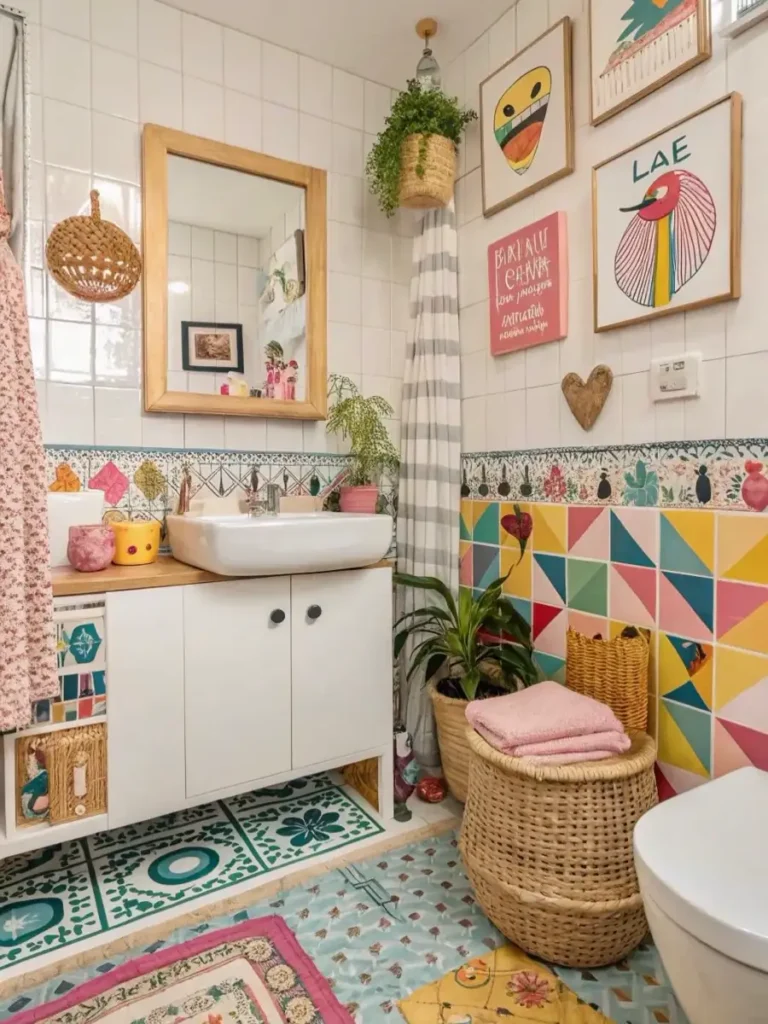 Eclectic bathroom filled with geometric wall tiles, framed artwork, patterned floors, a white vanity, and wicker storage.