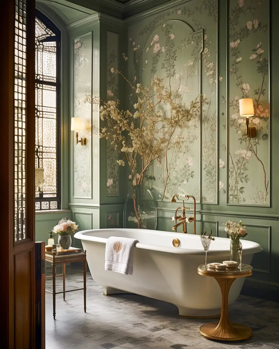 Vintage sage green bathroom vanity with floral wallpaper, round brass mirror, vessel sink and purple flowers