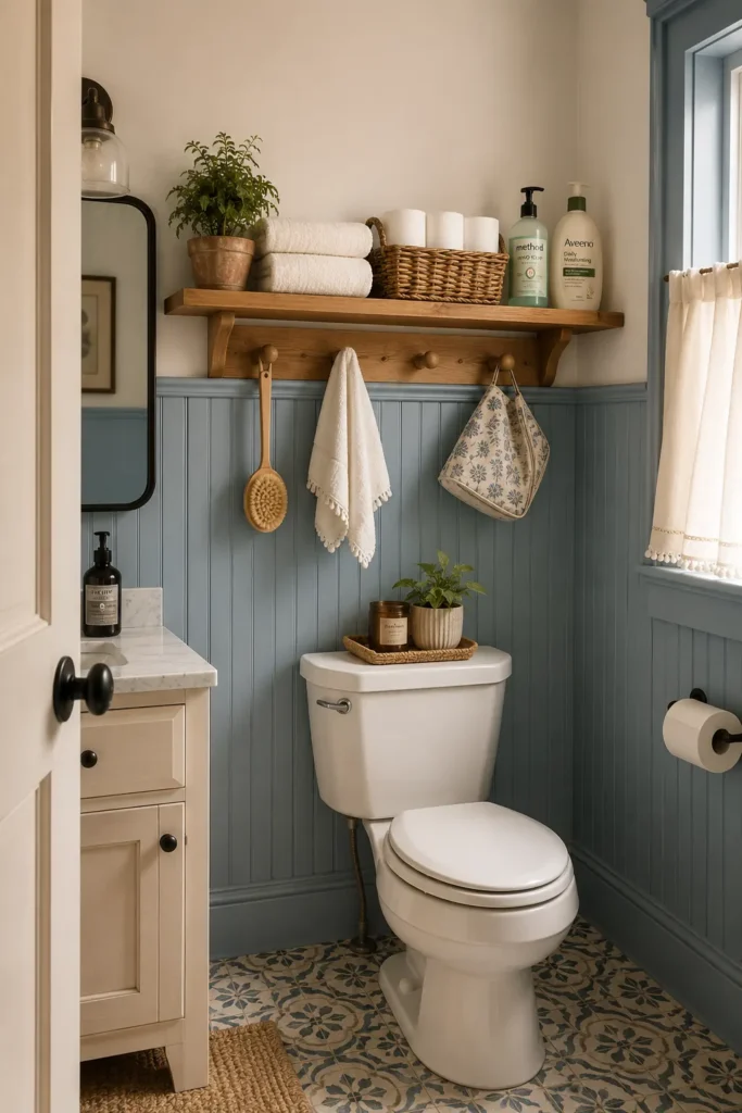 Wood shelf and peg rail above a toilet with towels, basket, toiletries and hanging bathroom accessories