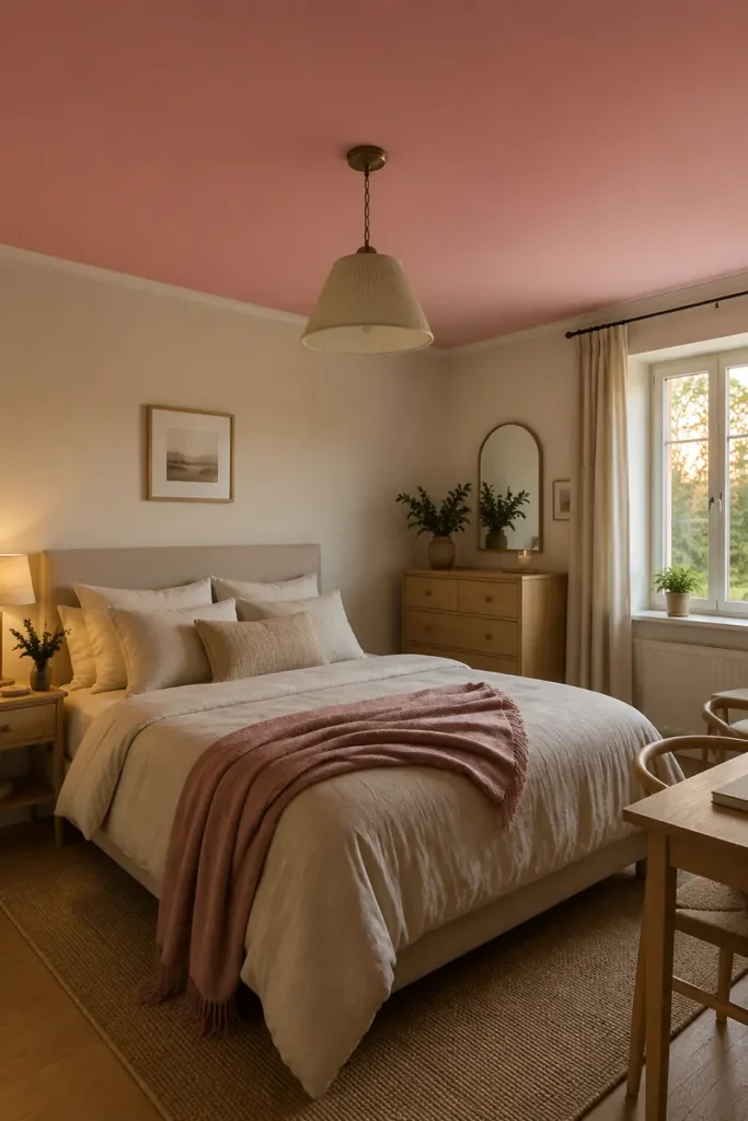 Blush pink ceiling above warm cream walls, a neutral bed, and simple natural wood furniture.