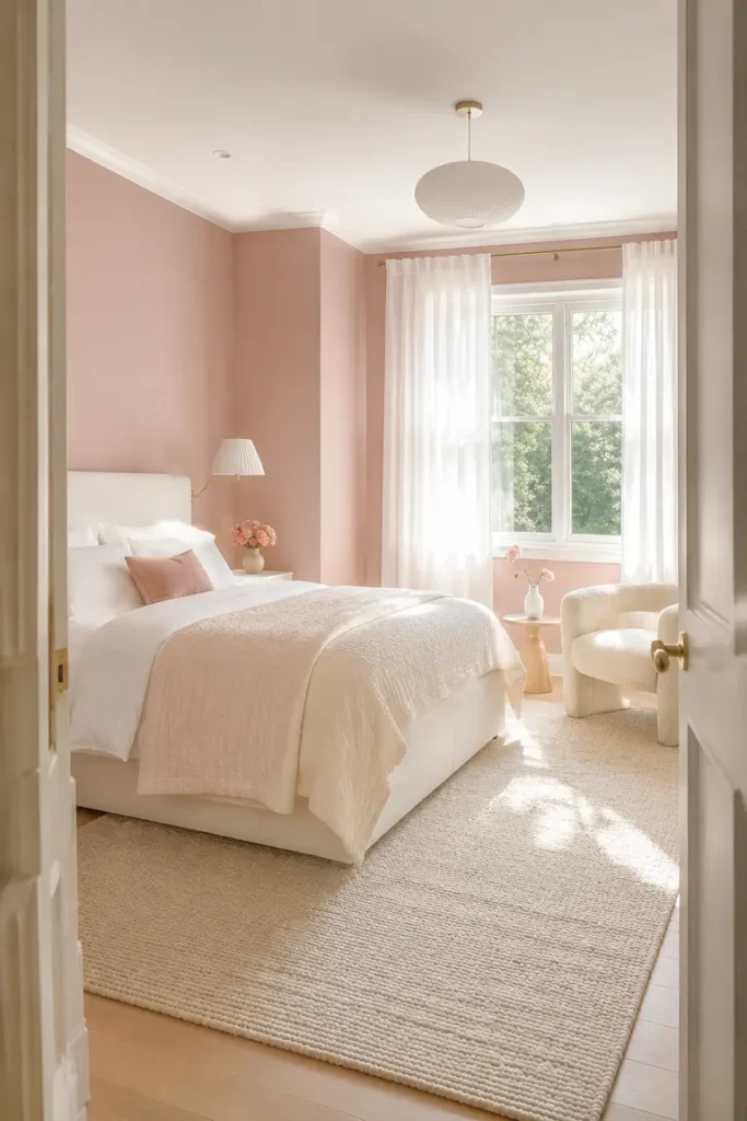 Rose pink bedroom balanced with crisp white and warm cream decor.
