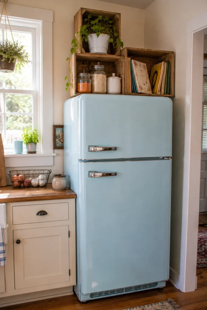 Refrigerator topped with stacked wooden crates containing pantry jars, cookbooks, and a trailing green houseplant.