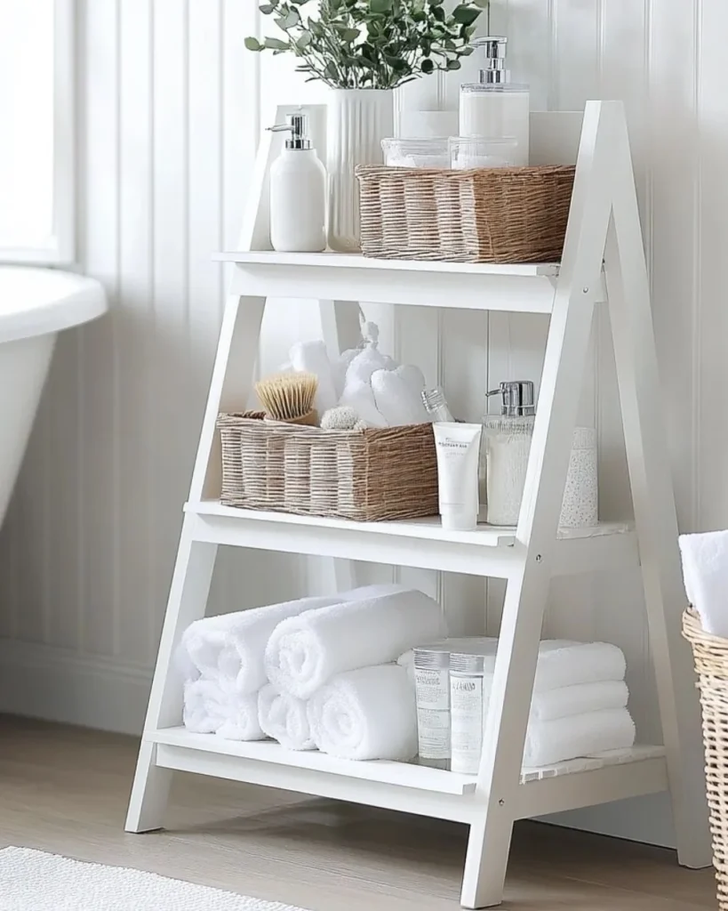 White ladder bathroom shelf with rolled towels, woven storage baskets, toiletries, and a small green plant.