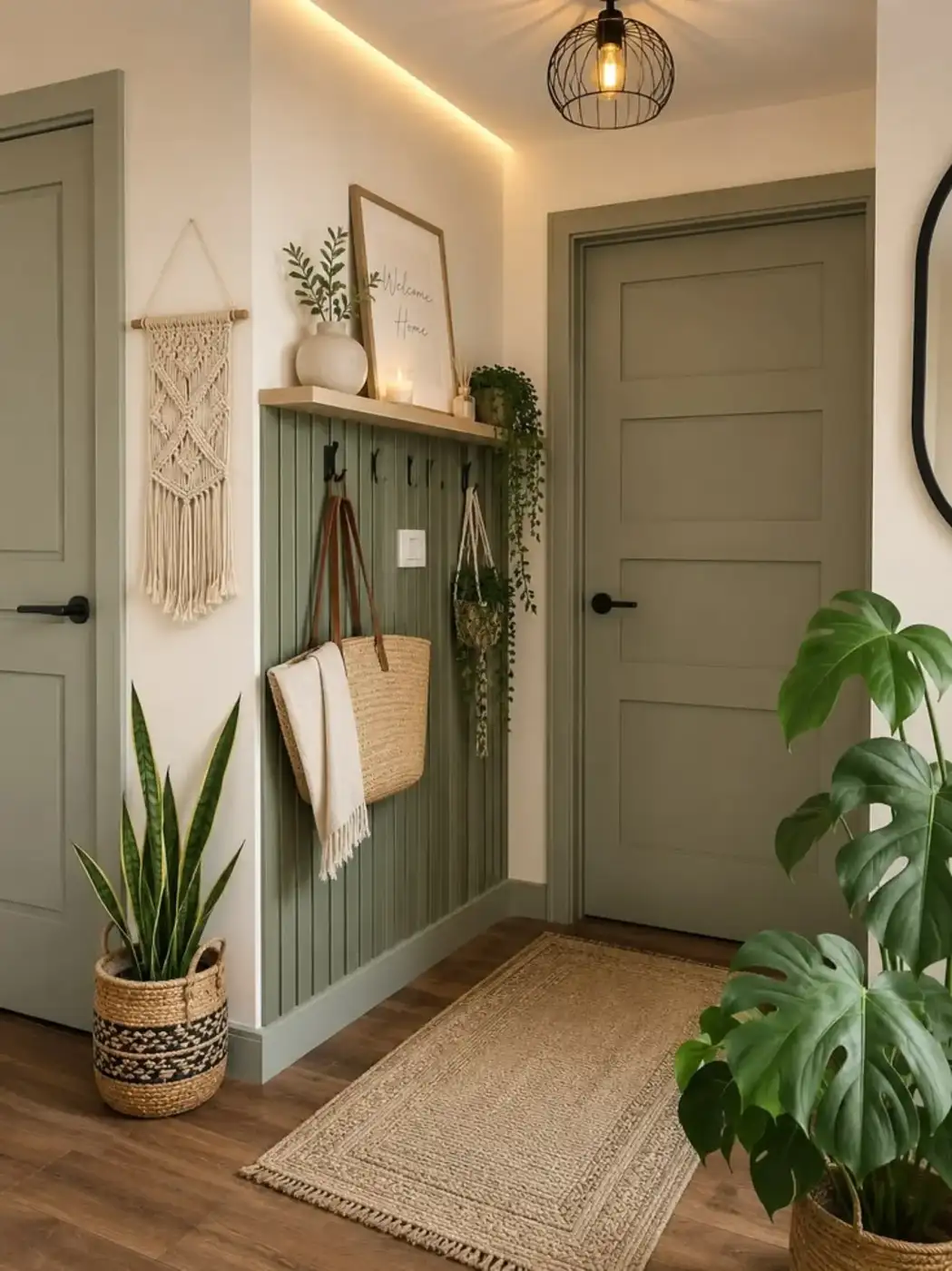 Green paneled entryway wall with hooks, slim picture ledge, hanging bags, and small decor