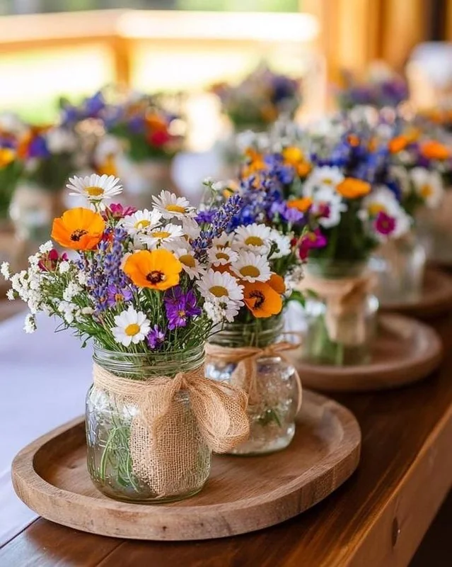 Colorful wildflowers in mason jars with burlap bows arranged together on a round wooden tray