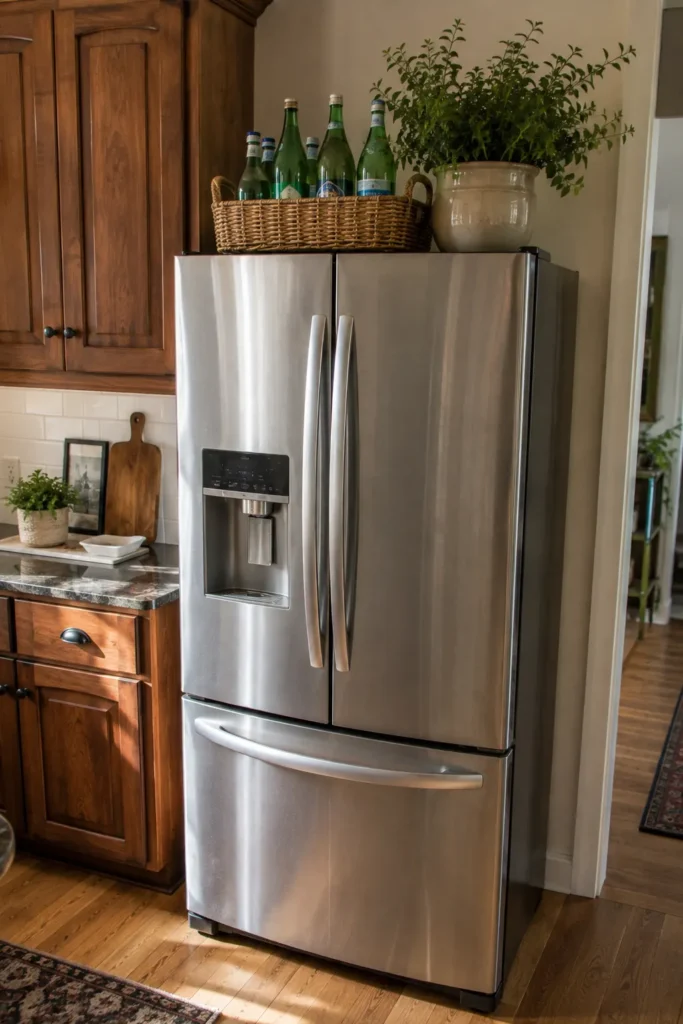Stainless steel refrigerator topped with a woven bottle basket and a large leafy green plant.