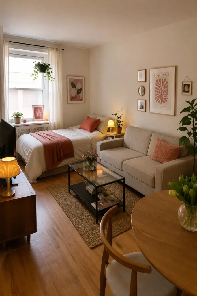 Studio apartment using a large area rug to define the sofa and coffee table as a separate living zone.