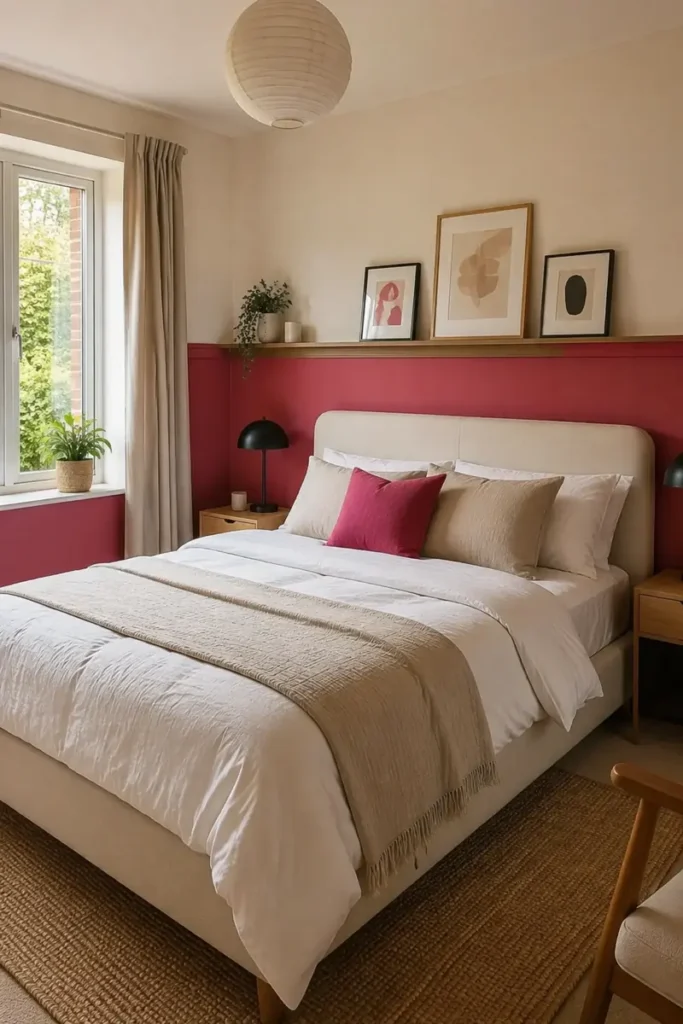 Raspberry pink half wall with a picture ledge behind a neutral bed dressed with bright pink cushions.