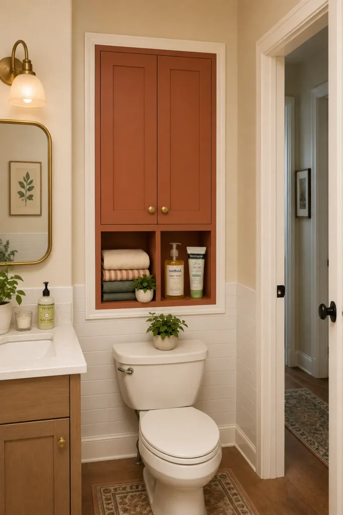 Terracotta recessed cabinet above a toilet with closed storage and open cubbies for towels and toiletries