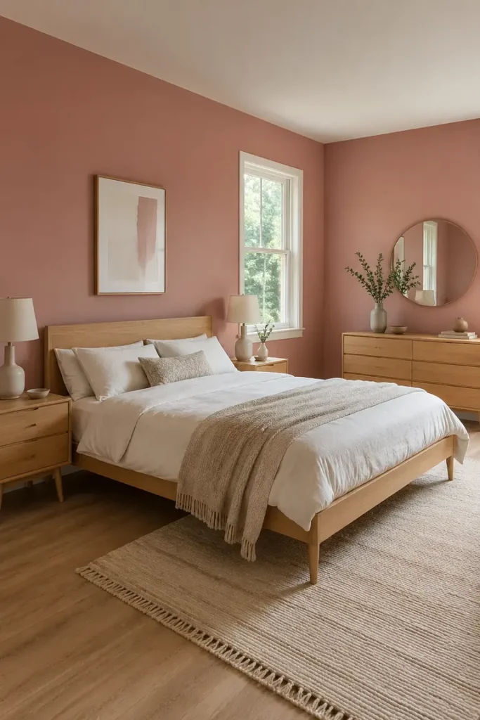Rose pink walls paired with a light oak bed and matching furniture