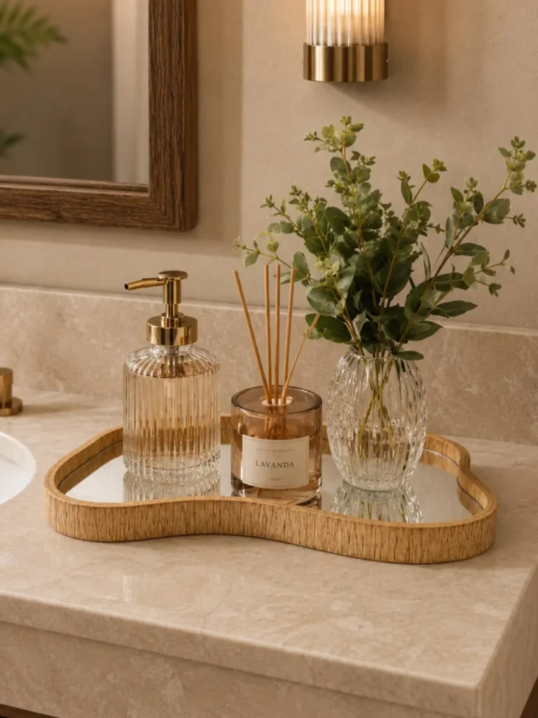 Scalloped wood and mirrored tray holding a glass soap dispenser, amber reed diffuser and green stems.