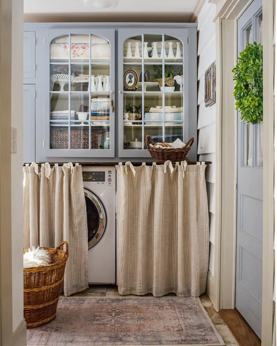 Cottage-style laundry corner with washer hidden behind striped fabric curtains, glass-front cabinets, woven baskets, vintage rug, and pale blue door.