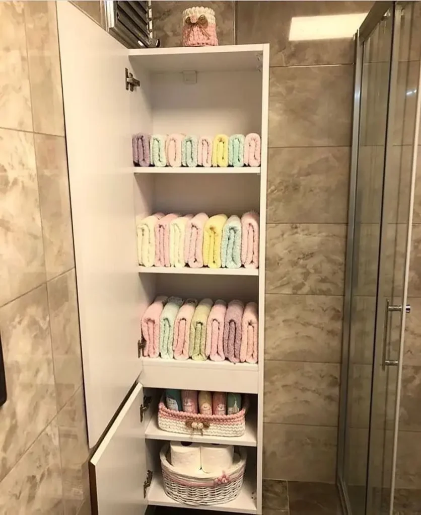 Tall narrow bathroom cabinet with towels folded upright on shelves and woven baskets holding bathroom essentials below.