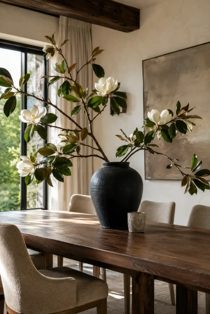 Large matte black vase holding flowering magnolia branches on a dark wooden dining table.