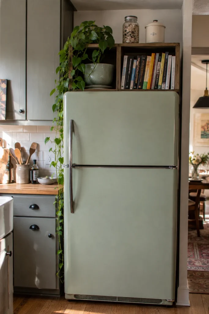 Green refrigerator with wooden cubbies holding upright cookbooks, pantry containers, and a trailing houseplant.