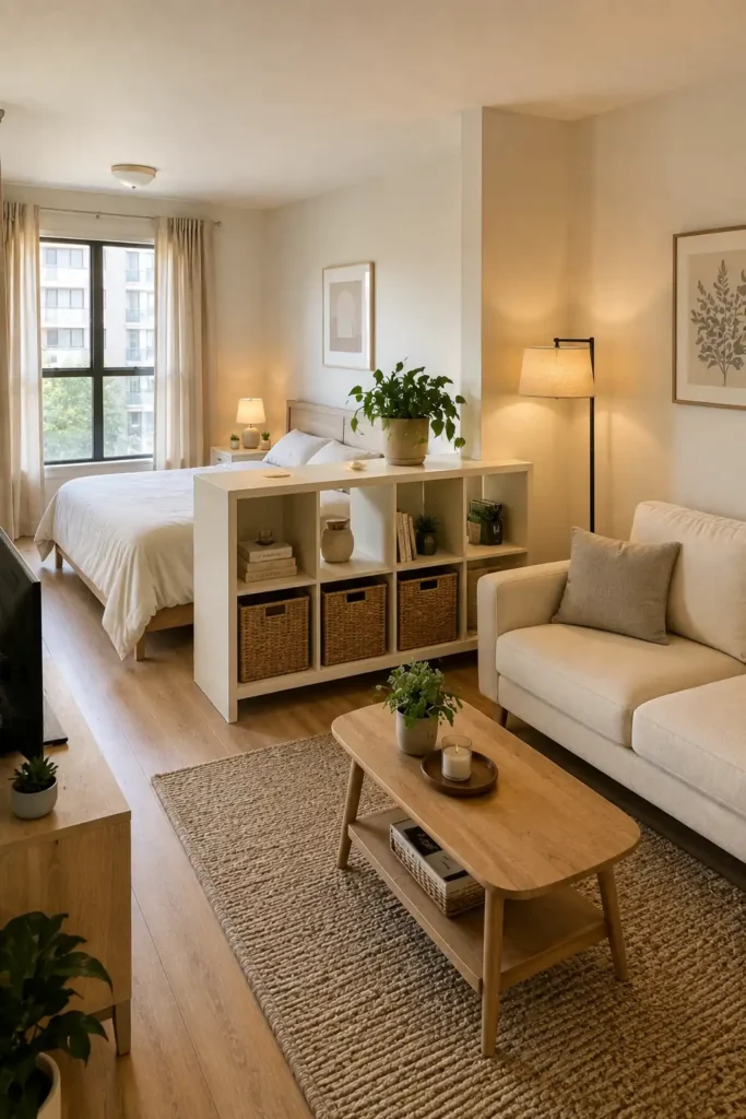Small studio apartment with a low cube shelf dividing the sleeping area from the living room while providing storage.